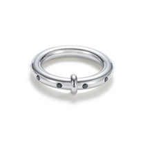 Load image into Gallery viewer, Silver band ring with black cubic zirconia stones, designed with a sleek rounded profile and subtle CZ accents for a modern, minimalist style.