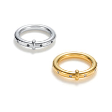 Load image into Gallery viewer, Silver band ring with black cubic zirconia stones, designed with a sleek rounded profile and subtle CZ accents for a modern, minimalist style. Gold band ring with white cubic zirconia stones, featuring a smooth polished finish and evenly spaced CZ details for a modern minimalist look.