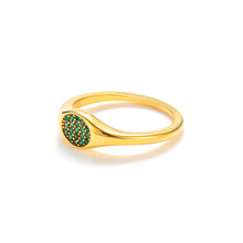 Load image into Gallery viewer, Gold oval signet ring with emerald cubic zirconia stones, polished sculptural finish