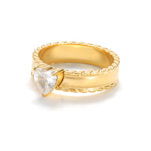 Load image into Gallery viewer, Side view gold heart CZ ring with textured band, romantic minimalist statement jewelry
