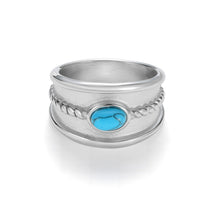 Load image into Gallery viewer, Silver vintage turquoise band ring featuring a wide engraved texture and centered turquoise stone, retro western statement style.