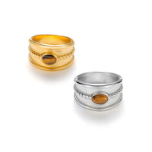 Load image into Gallery viewer, Gold wide vintage tiger’s eye statement ring with natural oval tiger eye center stone and textured band. Silver wide band tiger’s eye ring featuring natural oval tiger eye stone set in a vintage textured statement design.
