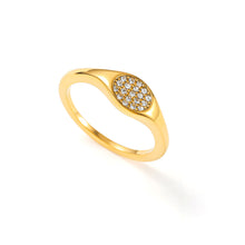 Load image into Gallery viewer, Gold oval signet ring with white cubic zirconia stones, modern minimalist design