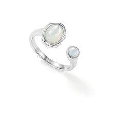 Load image into Gallery viewer, Silver adjustable open mother-of-pearl ring featuring iridescent shell accents and a fluid sculptural band for a contemporary look.