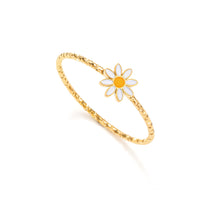 Load image into Gallery viewer, Gold enamel daisy ring with white petals and yellow center on a textured gold band, delicate minimalist floral jewelry.