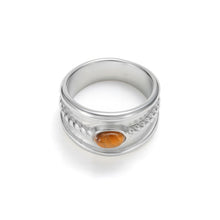 Load image into Gallery viewer, Silver wide band tiger’s eye ring featuring natural oval tiger eye stone set in a vintage textured statement design.