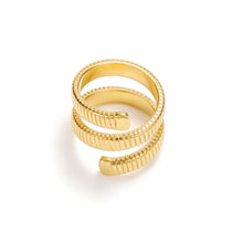 Load image into Gallery viewer, Gold spiral coil wrap ring with ribbed serpentine band and sculptural modern design.