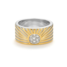 Load image into Gallery viewer, Dual-tone gold and silver sunburst CZ statement ring with wide band and radiant center crystal cluster