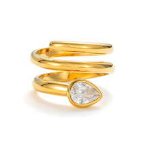 Load image into Gallery viewer, Gold snake wrap ring with sculptural coiled band and pear-shaped teardrop cubic zirconia stone, modern serpent statement jewelry.