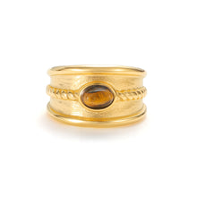 Load image into Gallery viewer, Gold wide vintage tiger’s eye statement ring with natural oval tiger eye center stone and textured band.