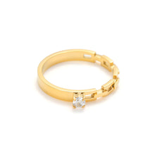 Load image into Gallery viewer, Minimalist gold chain link ring with round cubic zirconia solitaire and modern geometric band.