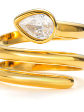 Load image into Gallery viewer, Gold snake wrap ring with sculptural coiled band and pear-shaped teardrop cubic zirconia stone, modern serpent statement jewelry.
