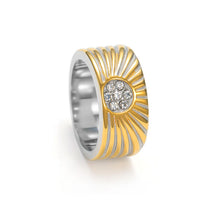 Load image into Gallery viewer, Gold and silver wide band ring with sunburst design and sparkling cubic zirconia center, angled view