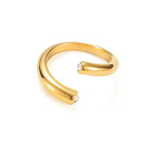 Load image into Gallery viewer, Gold adjustable open cuff ring with two cubic zirconia stones at each end, modern minimalist double CZ band design.