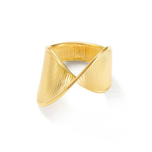 Load image into Gallery viewer, Sculptural gold crossover ring with infinity shape and minimalist textured ribbon band