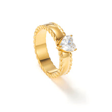 Load image into Gallery viewer, Angled view gold heart solitaire ring with cubic zirconia, vintage inspired textured band design