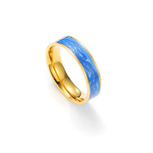 Load image into Gallery viewer, Gold enamel ring with hand-painted blue enamel band, glossy artistic finish, modern enamel statement ring on white background