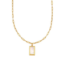 Load image into Gallery viewer, Close-up of a framed rectangular Mother of Pearl pendant suspended from a modern gold paperclip chain, showcasing the luminous natural Mother of Pearl.