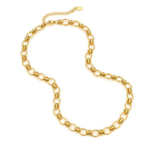 Load image into Gallery viewer, Gold orbit link chain necklace with sculptural oval links and polished bead details, creating a contemporary statement necklace.