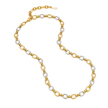 Load image into Gallery viewer, Full view of a mixed metal oval link necklace with alternating gold and silver chain links, creating a contemporary layered jewelry essential.