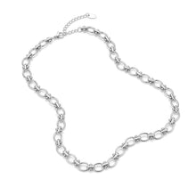 Load image into Gallery viewer, Full view of the silver geometric orbit link necklace showcasing alternating oval links with modern bead accents.