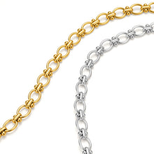 Load image into Gallery viewer, Comparison of gold and silver orbit link chain necklaces featuring geometric oval links and polished bead accents in a modern design.