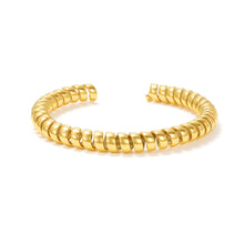 Load image into Gallery viewer, Gold Twisted Ribbon Open Cuff Bracelet with a sculptural coiled ribbon design, perfect for stacking or wearing as a modern statement bracelet.