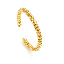 Load image into Gallery viewer, Gold Twisted Ribbon Open Cuff Bracelet featuring a bold sculptural coil silhouette with a smooth polished finish and contemporary design.
