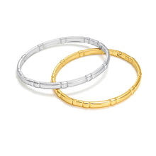 Load image into Gallery viewer, Gold and silver Modern Minimalist Tile Link Hinged Bangle Bracelets showcasing linear bar links in a contemporary architectural silhouette.