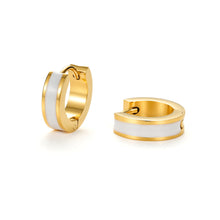 Load image into Gallery viewer, White enamel huggie hoop earrings with a polished gold finish, designed in a timeless minimalist style for everyday elegance.