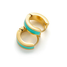 Load image into Gallery viewer, Turquoise enamel gold huggie hoop earrings showcasing vibrant enamel accents and a modern lightweight hoop design.