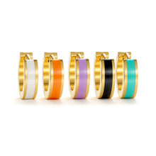 Load image into Gallery viewer, Color Pop Enamel Huggie Hoop Earrings available in white, orange, lilac, black, and turquoise with a polished gold finish.
