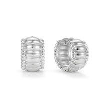 Load image into Gallery viewer, Silver Bead Edge Bubble Huggie Hoop Earrings with a wide chunky design, sculptural bubble contours, and elegant ribbed ridge accents.