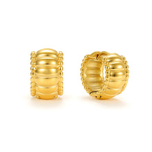 Load image into Gallery viewer, Gold Bead Edge Bubble Huggie Hoop Earrings featuring a chunky wide silhouette with ribbed ridge detailing and a polished finish.