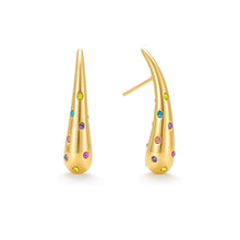 Load image into Gallery viewer, Colorful cubic zirconia teardrop stud earrings in polished gold with vibrant gemstone-inspired accents.