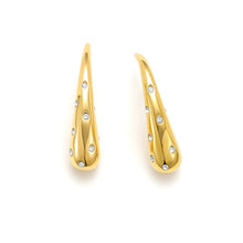 Load image into Gallery viewer, Elegant gold teardrop earrings adorned with clear cubic zirconia crystals in a contemporary sculptural setting.