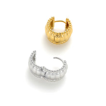 Load image into Gallery viewer, Gold and silver Bead Edge Bubble Huggie Hoop Earrings showcasing chunky wide hoops with ribbed ridge detailing and vintage-inspired styling.