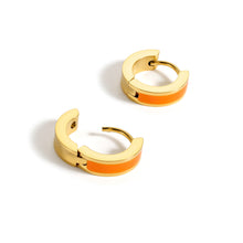 Load image into Gallery viewer, Orange enamel gold huggie hoop earrings with glossy enamel detailing and a polished hinged hoop design.