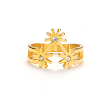 Load image into Gallery viewer, Gold-plated sculptural ring with three star-shaped floral motifs and crystal centers, set on a modern open band with a polished finish
