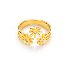 Load image into Gallery viewer, Gold-plated sculptural ring with three star-shaped floral motifs and crystal centers, set on a modern open band with a polished finish
