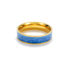 Load image into Gallery viewer, Gold enamel ring with hand-painted blue enamel band, glossy artistic finish, modern enamel statement ring on white background
