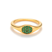Load image into Gallery viewer, Gold oval signet ring with emerald cubic zirconia stones, polished sculptural finish
