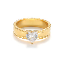 Load image into Gallery viewer, Gold heart ring with heart-cut cubic zirconia, textured band vintage style statement ring
