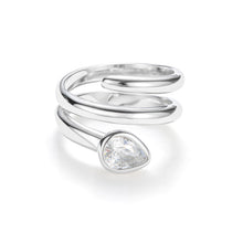 Load image into Gallery viewer, Silver serpent wrap ring featuring coiled snake body band and sparkling pear-shaped teardrop CZ head, contemporary statement ring design.

