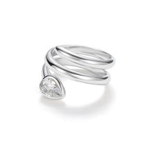Load image into Gallery viewer, Silver serpent wrap ring featuring coiled snake body band and sparkling pear-shaped teardrop CZ head, contemporary statement ring design.
