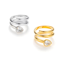 Load image into Gallery viewer, Silver serpent wrap ring featuring coiled snake body band and sparkling pear-shaped teardrop CZ head, contemporary statement ring design. Gold snake wrap ring with sculptural coiled band and pear-shaped cubic zirconia stone, modern serpent statement jewelry.
