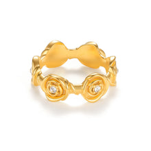 Load image into Gallery viewer, Gold sculptural rose ring with dimensional 3D floral design and sparkling cubic zirconia centers, bold stereoscopic flower band statement ring.
