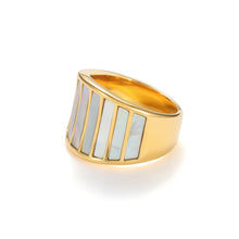Load image into Gallery viewer, Wide gold mother of pearl strip ring with vertical shell inlay panels, modern signet style statement band featuring iridescent pearl bars.

