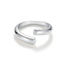 Load image into Gallery viewer, Silver adjustable open ring featuring dual cubic zirconia tips, sleek minimalist cuff style band.
