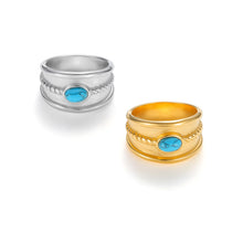 Load image into Gallery viewer, Gold vintage turquoise ring with wide textured band and oval turquoise center stone, bold boho statement jewelry. Silver vintage turquoise band ring featuring a wide engraved texture and centered turquoise stone, retro western statement style.
